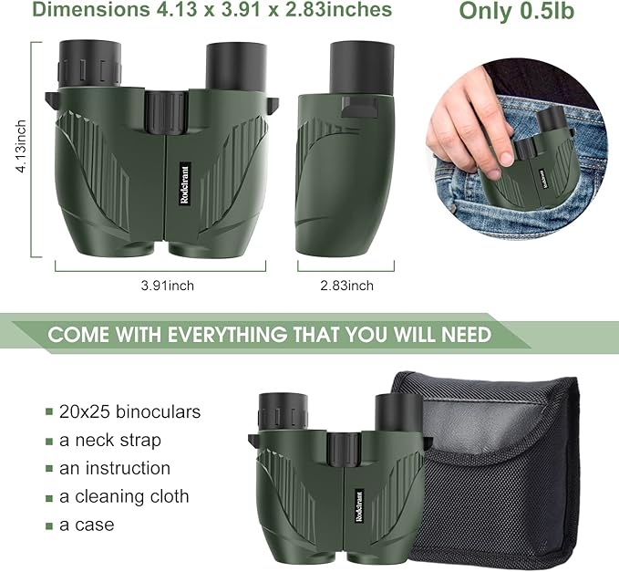 20X25 Compact Binoculars for Adults and Kids,Large Eyepiece Waterproof Binocular，Easy Focus Small Binoculars for Bird Watching,Hiking and Concert, Green