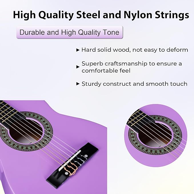 ADM Beginner Acoustic Classical Guitar 30 Inch Nylon Strings Wooden Guitar Bundle Kit for Kid Boy Girl Student Youth Guitarra Online Lessons with Gig Bag, Strap, Tuner, Strings, Picks, Purple