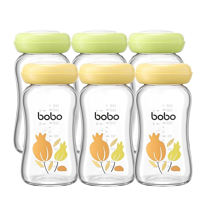 YOHKOH Breast Milk Storage Bottles - Wide Neck Glass Breastmilk Storage Bottles with Lids, BPA-Free (Multicolor1, 5.4oz (Pack of 6))