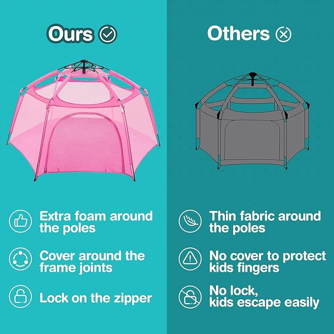 Alvantor Pop Up Playpen- 7'x7'x44”Baby Playpen Large Kids Play Tent Portable and Foldable Playpen Indoor/Outdoor Play Yard with Protective Mesh, UV SPF 50+ Sunshade, and Soft Foam Floor, Pink