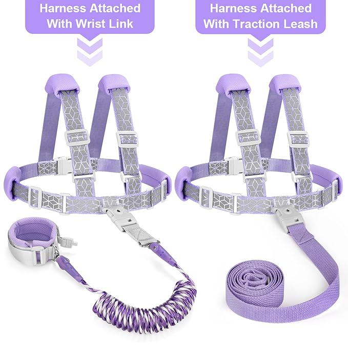 Accmor 3 in1 Toddler Harness Leash, Reflective kid Harness with Anti Lost Wrist Link, Harness Leash for Toddlers, Child Walking Harness kids Leash Wristband Rope Belt with Lock for Baby Girls (Purple)