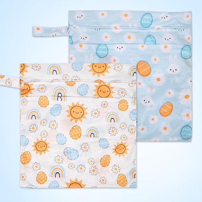 2pcs Cloth Diaper Wet Dry Bags, Waterproof Reusable Wet Bag with 2 Zipper Pockets & Handle, Washable Laundry Bags for Baby Adult Clothes Travel Beach Pool Daycare Yoga Gym Exercise Swimsuits,