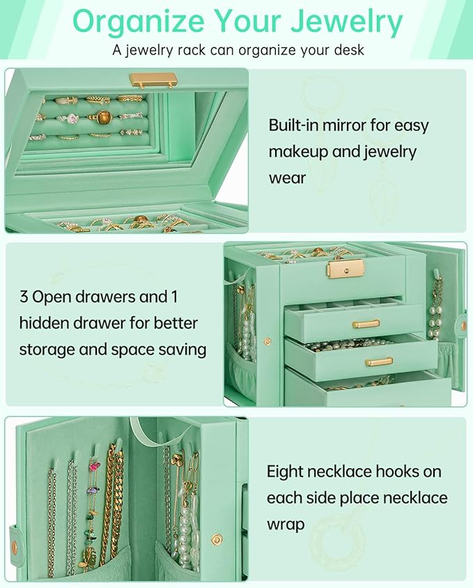 AKOZLIN 4-Tier Jewelry Box Leather Jewelry Storage Organizer with 3 Drawers Lockable for Women Girls Ring Necklace Earring Bracelet Holder with Mirror