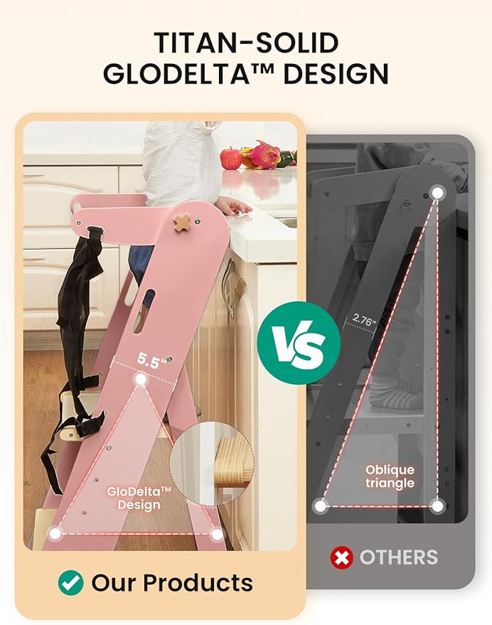 GROWNSY Foldable Step Stool Toddler Tower, Toddler Kitchen Stool Helper, Collapsible Kids Standing Learning Tower with 3 Adjustable Heights and Safety Net for Kitchen Bathroom Sink Counter (Pink)