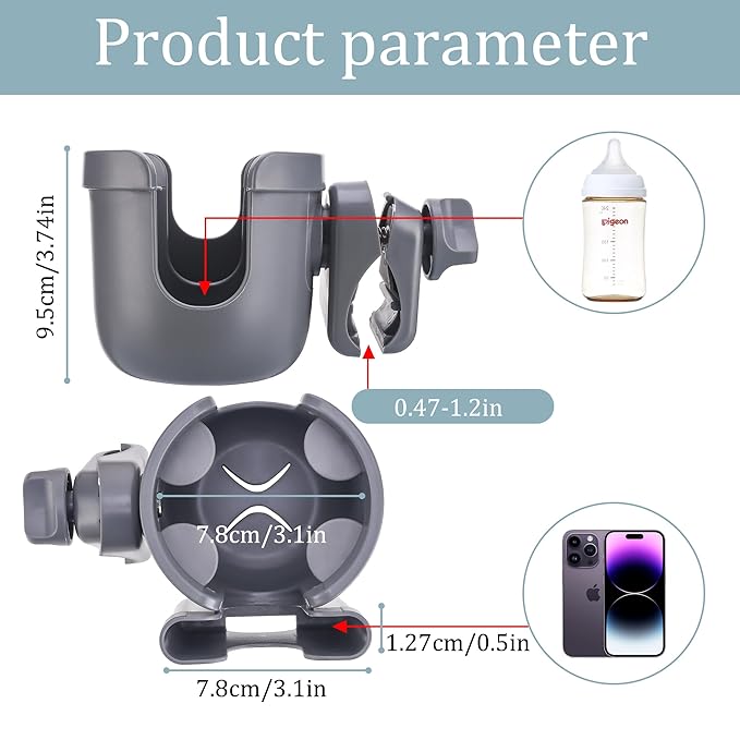 Suranew Adjustable Stroller Cup Holder with Phone Holder for Baby Stroller for Family Members, Gery
