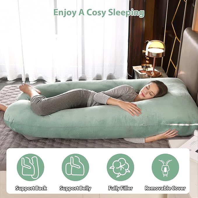 Amagoing 55 inches Pregnancy Pillows for Sleeping, U Shaped Maternity Full Body Pillow for Pregnant Women with Hip, Leg, Back, Belly Support, Washable Velvet Cover Included (Mint Green)