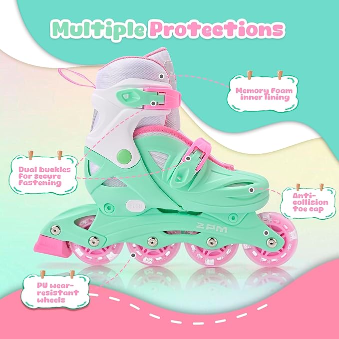 2PM SPORTS Inline Skates with Light Up Wheels, Roller Skates Blades for Boys Girls Kids Ages 5-8 8-12 4-6 6-12, Size Adjustable Beginner Blades Roller Skates