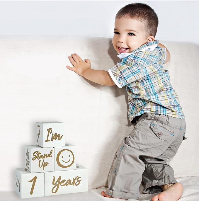 I'm Solid Wood Weekly Monthly Yearly Baby Milestone Age Blocks, Gender Neutral, Newborn Gifts & Keepsakes for Picture Props (5 Pcs/White)