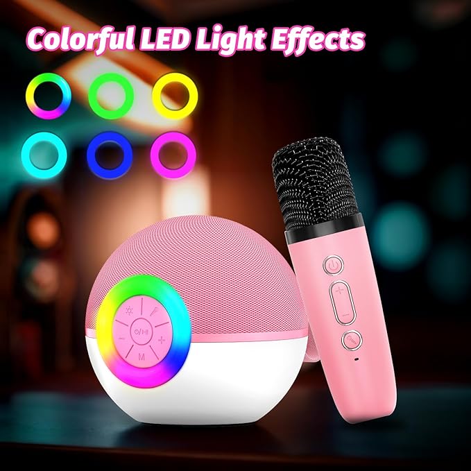 goopow Mini Karaoke Machine Speaker for Kids Adults, Portable Bluetooth Microphone Song Toys with LED Light, Best Chritmas Birthday Festival Gift for 3 4 5 6 7 8+ Year Old Girls Boys (Pink-2Mic)