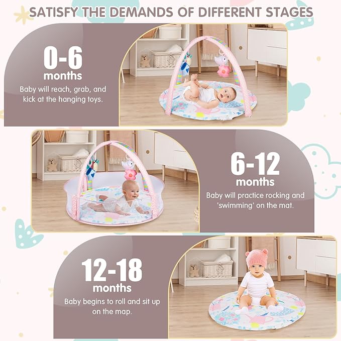 Activity Gym, Baby Play Gym Mat for Toddlers, 0-18 Months Tummy Time Play Mats, Infant Play Gym with Detachable Toys for Sensory Exploration and Motor Skill Development, PM2407