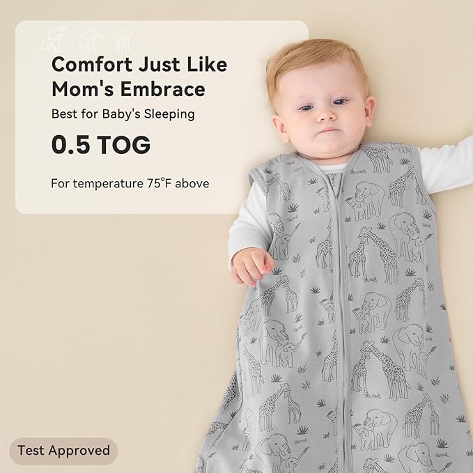 Baby Sleep Sack 0-6 Months 0.5 Tog Wearable Blanket Baby, 3 Pack 100% Cotton Lightweight Sleeping Sack with 2-Way Zipper for Newborn Infant Apricot Gray Green Elephant