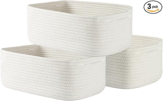 KALLAX Small Woven Basket, 13.5 x 9.5 x 5 Inches, Storage Basket for Organizing, Cute Small Rope Shelf Closet Cube Storage Bins Baskets for Shelves, Dog Toy Gift Baskets Empty, 3 Packs, Off White