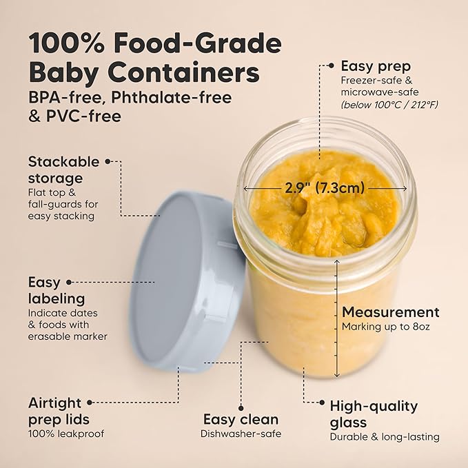 KeaBabies 4pk 8oz Glass Baby Food Containers with Lids - Leak-Proof, Microwavable Small Glass Jars, Baby Purees & Toddler Snack Storage Containers, BPA-Free, Dishwasher & Freezer Safe (Slate)