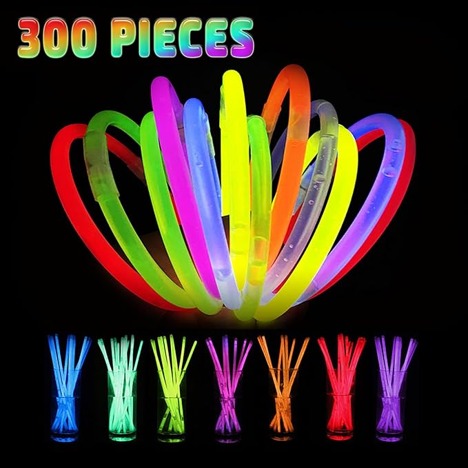 300 Pcs Glow Sticks Bulk Party Pack, 8'' Glow in the Dark Party Supplies, Glow in the Dark Light Up Sticks with Connectors, Party Favors for Birthday, Concert, Raves, Halloween, Christmas