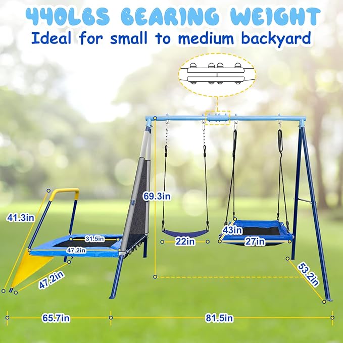 440lbs Kids Swing Set, 3-in-1 Outdoor Playground with Platform Swing, Belt Seat & 4ft Trampoline, Heavy Duty A-Frame Metal Stand & Safety Stakes, Backyard Playset for Toddlers 3-8 Years Old