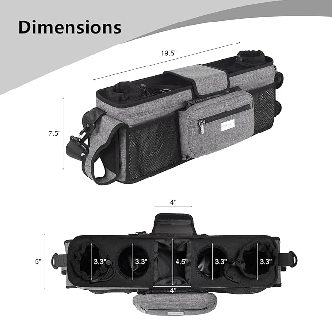 TOPDesign Universal Baby Stroller Organizer, Double Stroller Caddy with Detachable Mesh Bag & Heightened Insulated Cup Holders & Non-Slip Secure Hooks Accessories, Fits Most Strollers (Grey)