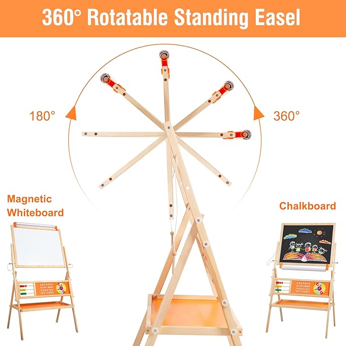 3-in-1 Wooden Easel for Kids, Toddle Double-Sided Easel with Magnetic Whiteboard and Painting Blackboard, 360° Rotatable, Paper-roll Holder, Storage Tray, and Stickers Included