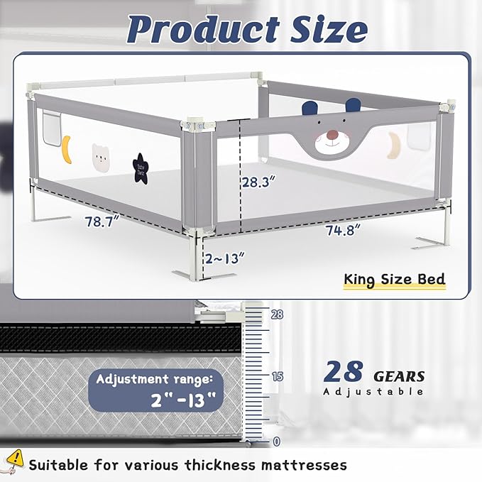 3-Piece Bed Rail for Toddlers with Headboard Rod, Adjustable Baby Bed Rail Guard, Twin/Full/Queen/King Size Bed (3, 74.8 * 74.8 * 39 Inch- Twin Size)