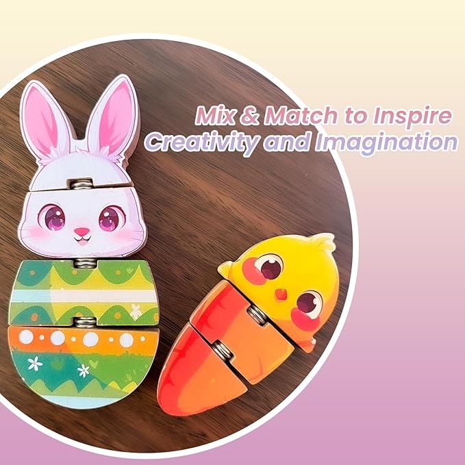 HUZU Easter Snap Builders, Easter Basket Stuffers Bunny, Carrot, Egg, Chick Wooden Puzzle Toy, Basket Essentials Take Apart & Mix Characters Kids Montessori STEM Fine Motor Skill