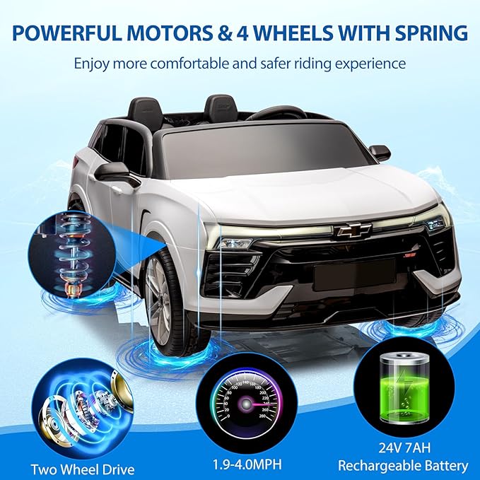 Hetoy 24V 2-Seater SUV Licensed Chevrolet Blazer Ride On Car Toy w/Parent Remote Control, 3 Speeds, Wireless Music, MP3 Player, Electric Car for Kids Ages 3-8, White