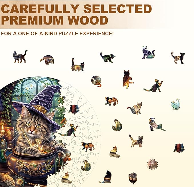 KAAYEE Wooden Puzzles for Adults, 3D Visual Effect Magic Feline Cat Wooden Jigsaw Puzzle Unique Shape Wood Puzzle Adult, 3D Effect Flat Puzzle Birthday Family Game (S-8.5 * 8.5 in-100pcs)