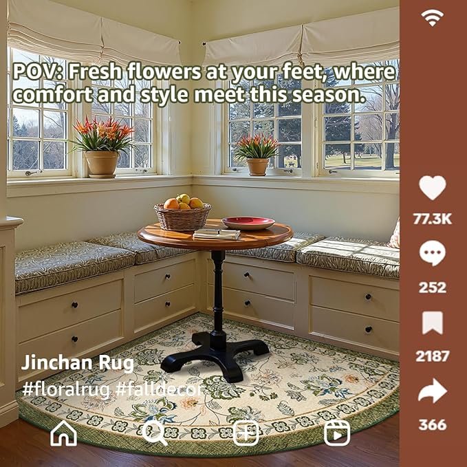 jinchan Floral Corner Rug for Living Room Washable Bedroom Rug Vintage Romance Design Non Slip Quarter Circle Lightweight Low-Pile Throw Carpet for Reading Nook Playroom,6ft Radius, Green/Beige