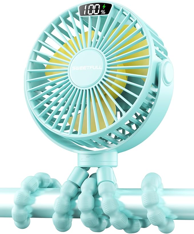SWEETFULL Portable Stroller Fan with Display 4000mAh Battery Powered Mini Clip On Fan, 4-Speed Rechargeable Small Personal Cooling for Baby Car Seat Crib Travel - Cyan