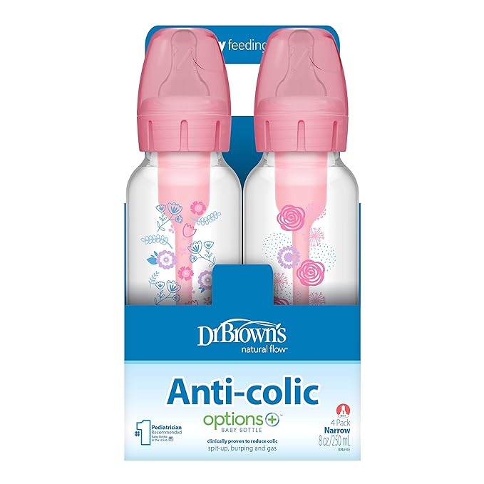 Dr. Brown's Natural Flow Anti-Colic Options+ Narrow Baby Bottle, Pink Floral, 8 oz/250 mL, with Level 1 Slow Flow Nipples, 0m+, 4 Pack