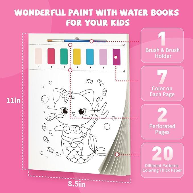 3PCS Paint With Water Books for Kids 20 Page Each,Unicorn Mermaid & Dinosaur Watercolor Paint Book Set for Kid,Toddlers Color Coloring Painting Drawing Set,Mess Free Toys Gifts for Kid Age 3 4 5 6 7 8