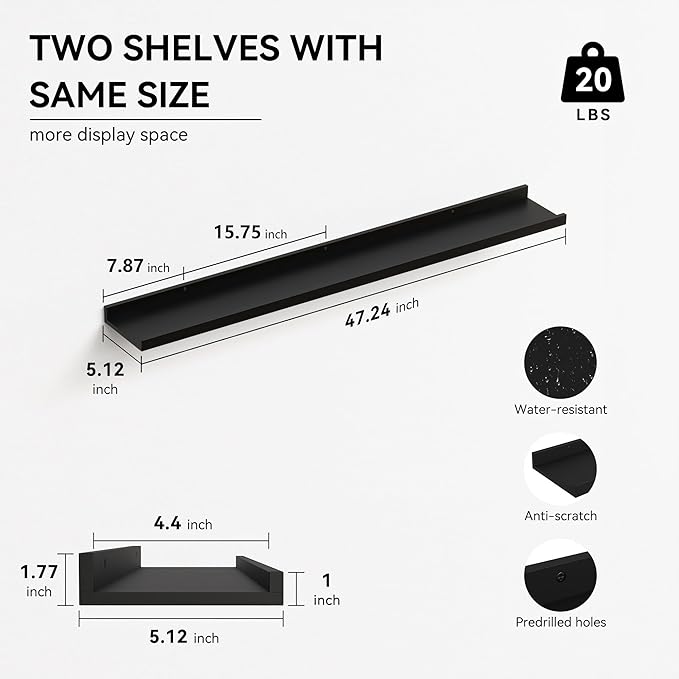 47.2 Inches Long Floating Shelves Wall Mounted, 2 Set Modern Wall Shelf for Bedroom, Nursery Book Shelf with Lip, Picture Ledge Shelf for Wall Decor Living Room Bathroom Kitchen - Black