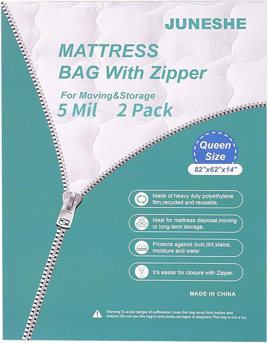 2 Pack Queen Mattress Bags for Moving and Storage-5 Mil Zipper Plastic Waterproof Mattress Storage Bags