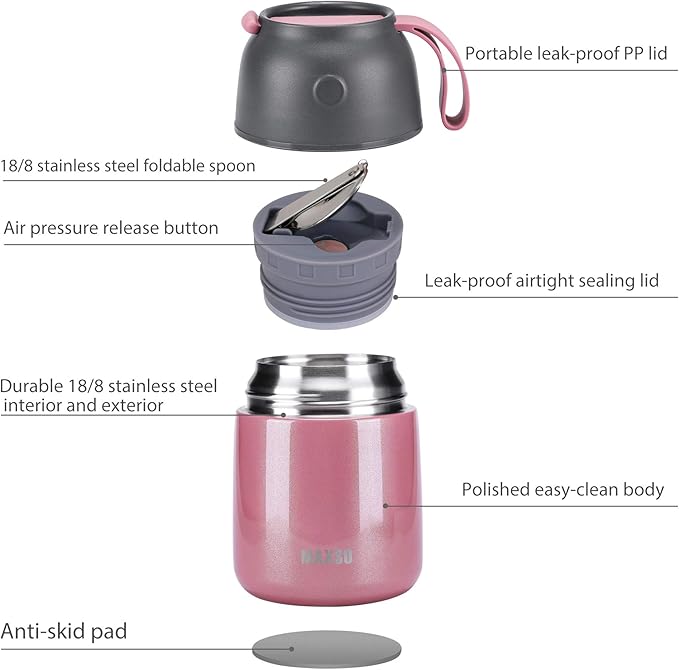 Insulated Food Jar for Hot & Cold Food for Kids Adult,17 oz Soup Thermo Hot Food Containers for Lunch, Triple Layer Insulation Stainless Steel Food Jar with Spoon (Pink)