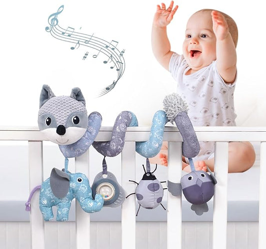 Jollybaby Baby Car Seat Stroller Toys, Plush Activity Hanging Spiral Activity Pram Crib with Music Box, Rattles, Squeaker for Babies Infant Boys Girls(Grey Fox)