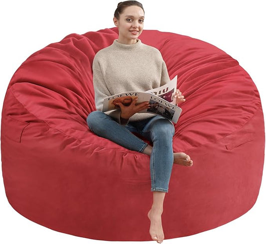5FT Bean Bag Chair, Large Bean Bag Chairs with Memory Foam Filled, Fluffy Beanbag Sofa with Dutch Velvet Cover, Round BeanBag Chairs for Living Room, Playroom - Red