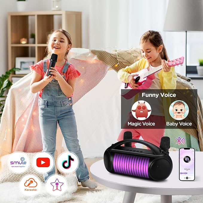 Karaoke Machine Portable Bluetooth Speaker with 2 Wireless Microphones Rechargeable Karaoke Machine for Kid and Adult Party PA Speaker Multiple LED Light Mode Support TWS/Radio/AUX/REC