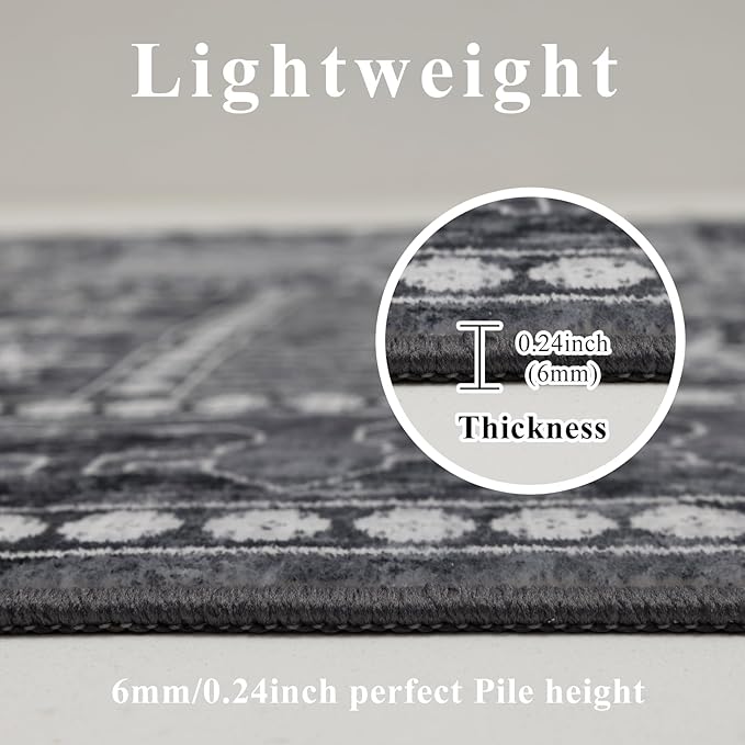 9x12 Area Rug Living Room Rugs, Stain Resistant Washable Rug, Vintage Large Non-Slip Backing, Low Pile Lightweight Print Rug for Bedroom Dinning Room Home Office (Grey)