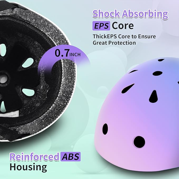 Adjustable Kids Bike Helmet with Knee & Elbow Pads Set, Color Gradient Design for Boys and Girls Aged 3-14+, for Skateboarding, Scooter, Roller & Inline Skating, Longboard