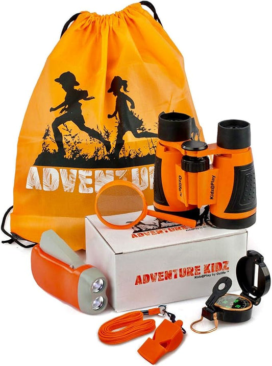 Adventure Kidz Outdoor Exploration Kit, Children’s Binoculars, Flashlight, Compass, Fox Whistle, Magnifying Glass, Backpack. Great Gift Set for STEM, Pretend Play, Ages 3+ Boys Girls