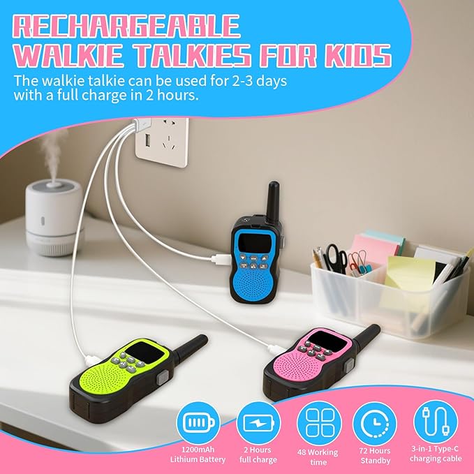 3 Pcs Walkie Talkies for Kids Rechargeable 3 KM Handheld Walkie Talkies Long Range 22 Channel 2 Way Radio Birthday Party Gifts for 3-12 Years Old Girls Boys Outside Adventure Camping Hiking