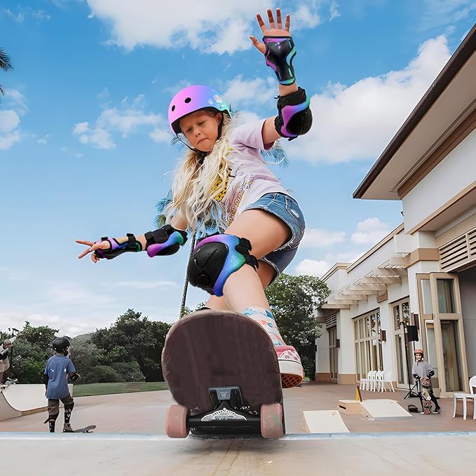 Adjustable Kids Bike Helmet with Knee & Elbow Pads Set, Color Gradient Design for Boys and Girls Aged 3-14+, for Skateboarding, Scooter, Roller & Inline Skating, Longboard