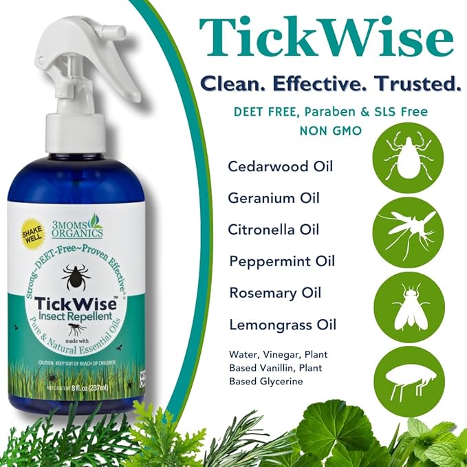 3 Moms Organics TickWise 8oz, Made with All Natural Essential Oils, DEET-Free, Tick and Insect Repellent, Plant Based Essential Oils, All Natural Ingredients Great for Adults, Kids, Dogs & Horses