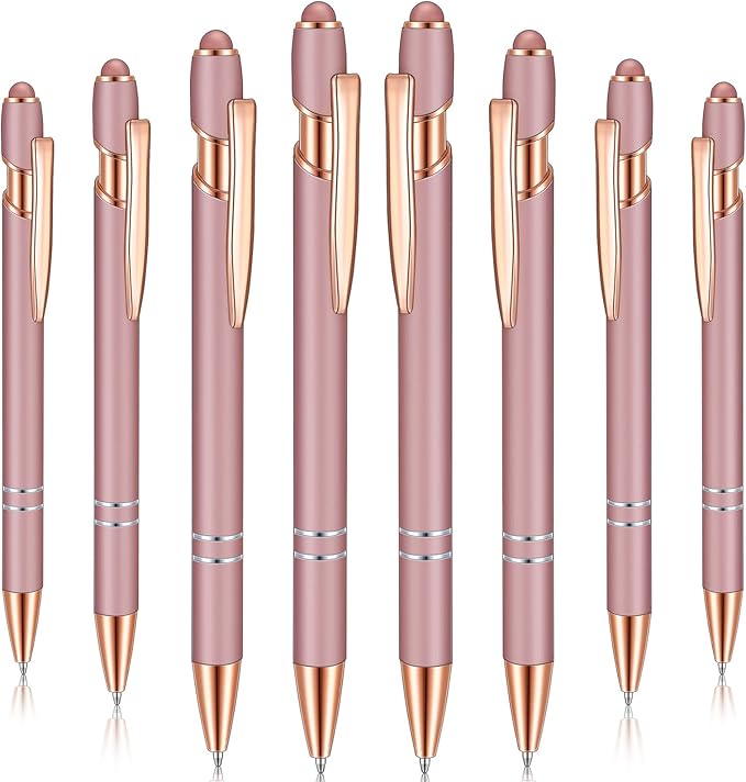 8 Pieces Ballpoint Pen with Stylus Tip Black Ink 2 in 1 Stylus Metal 1.0 mm Medium Point Smooth Pen Rainbow Colorful Rubberized Ballpoint for Touch Screen Tablet(Rose Gold)