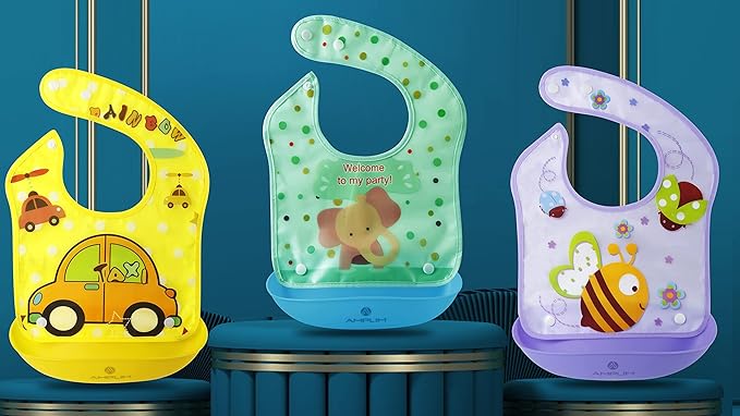 Amplim Baby Feeding Bib (3-Pack) Toddler/Baby Bibs for Eating. Waterproof, Adjustable, Lightweight. Eco-friendly PEVA material. BPA, Lead, Phthalate, Cadmium free
