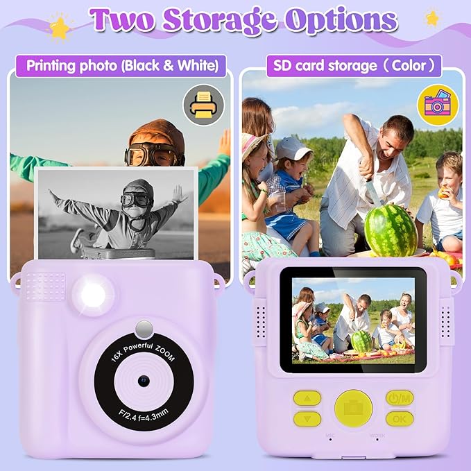 Instant Print Camera for Kids - 2.4 Inch Kids Camera Instant Print with Paper & 32G Card- Digital Children Toys as Christams Birthday Gifts for Girls Boys Age 3-12 - Purple