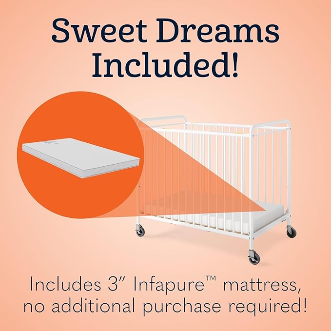 Foundations Chelsea Slatted Metal Compact Daycare Crib, 3" Casters, Compact Mini Size, Easy to Clean Durable Finish, Adjustable to Two Heights Mattress Board (White)