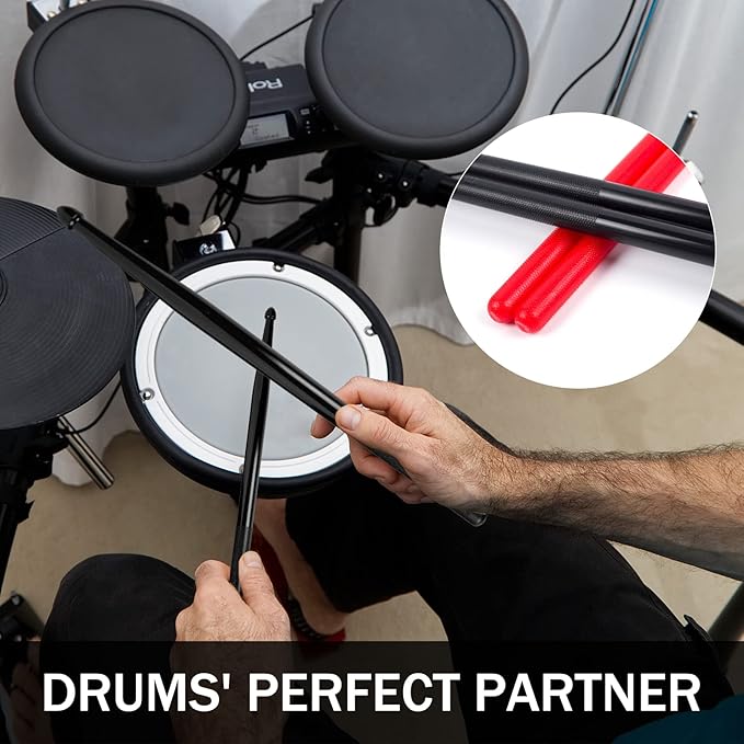 5A Nylon Drumsticks for Kids Adults: Light Durable Drum Sticks Black Red with Anti-Slip Handles for Electronic Drums Exercise Percussion Accessories (2 Pairs)