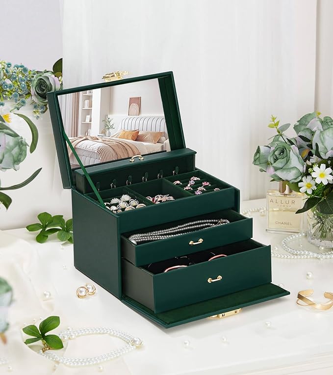 Jewelry Box with Lock for Girls: Jewelry Organizer for Dresser - 3-Drawer Earrings Storage Girls Women Gift (Dark Green)