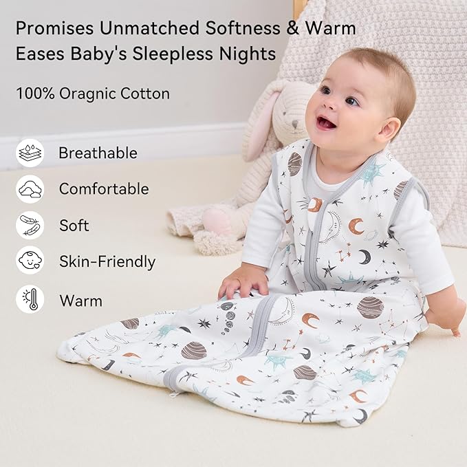 Baby Sleep Sack 18-24 Months 3 Pack 100% Cotton Lightweight 0.5 TOG Wearable Blanket Baby Sleep Bag with 2-Way Zipper for Newborn Infant White Gray Blue Space