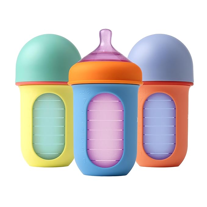 Boon Nursh Reusable Silicone Pouch Baby Bottles - Medium Flow Nipple - Silicone Baby Bottle Pouch and Nipple - Baby Feeding Essentials - Color Block - 3-6 Months - 3 Count - 8 Ounce