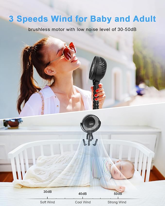 Stroller Fan Clip on for Baby, 4000mAh Rechargeable Battery Operated, Flexible Tripod, 3 Wind Speed, 360° Rotatable, Small Cooling Portable Fan for Car Seat Crib Golf Cart Bike Treadmill, Black